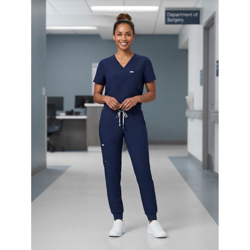 FIGS Navy Blue Scrub Set Womens Small Catarina Top Zamora Jogger Pants Nurse